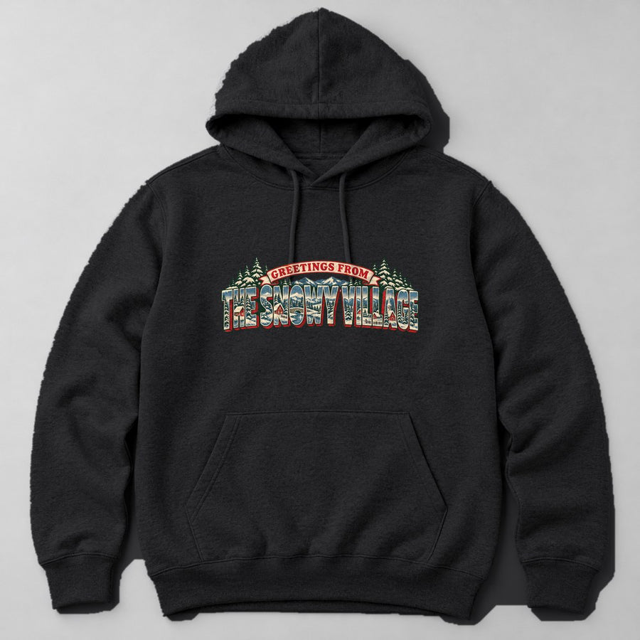 Greetings From the Snowy Village Hoodie in Black