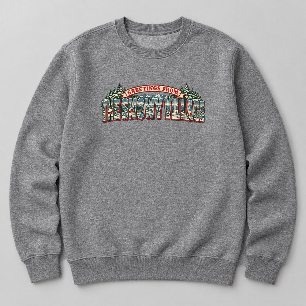 Greetings From the Snowy Village Sweatshirt in Heather Grey