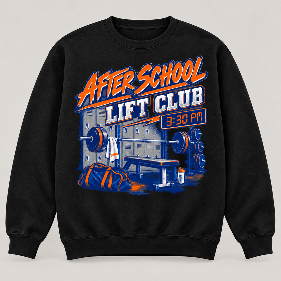 After School Lift Club black sweatshirt front mockup