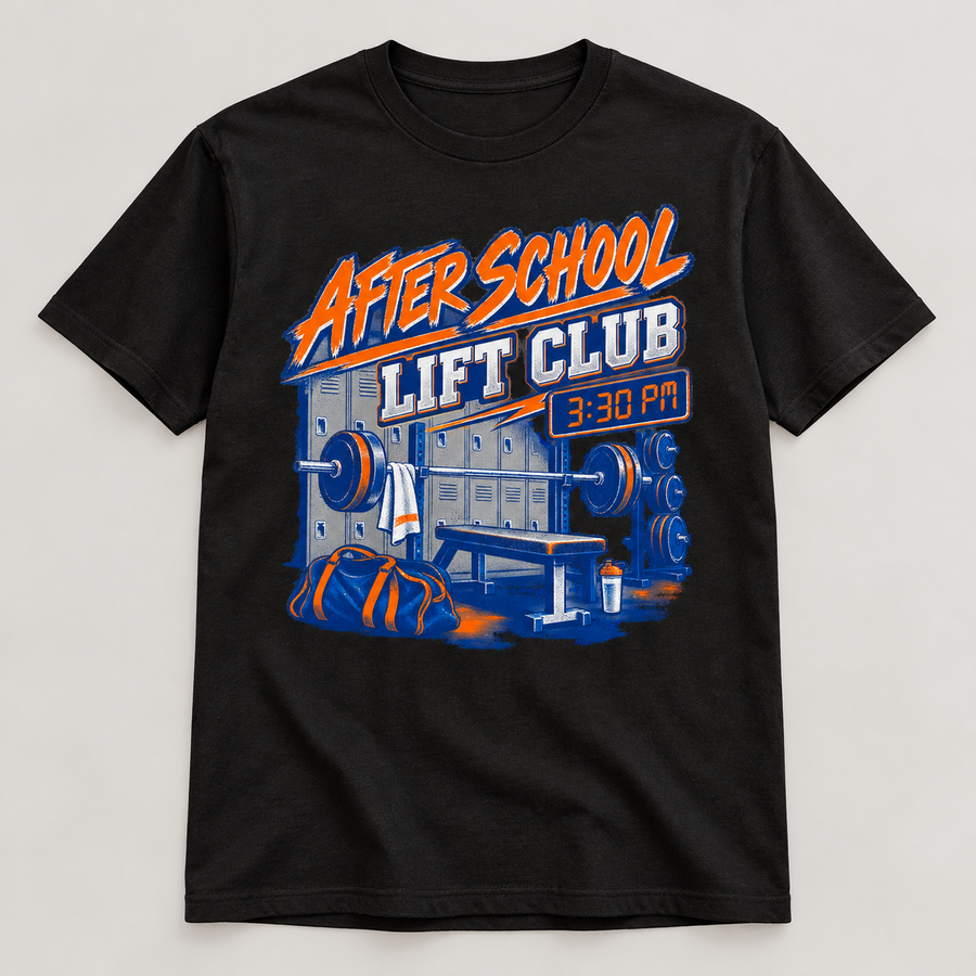 After School Lift Club black T-shirt front mockup