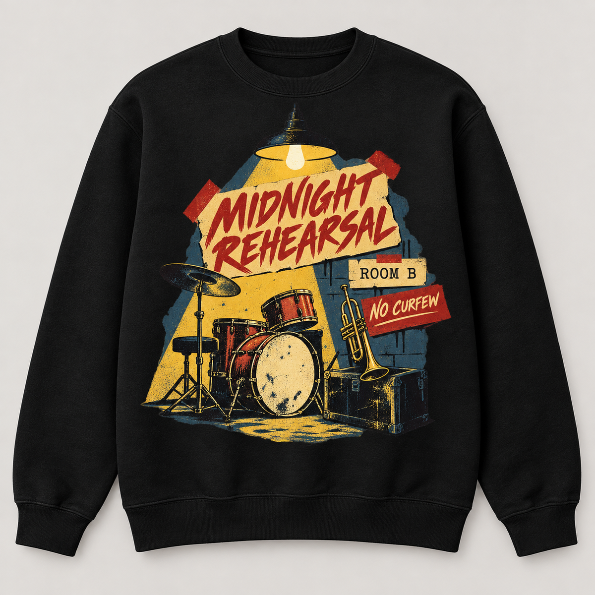 Midnight Rehearsal Club black sweatshirt front mockup