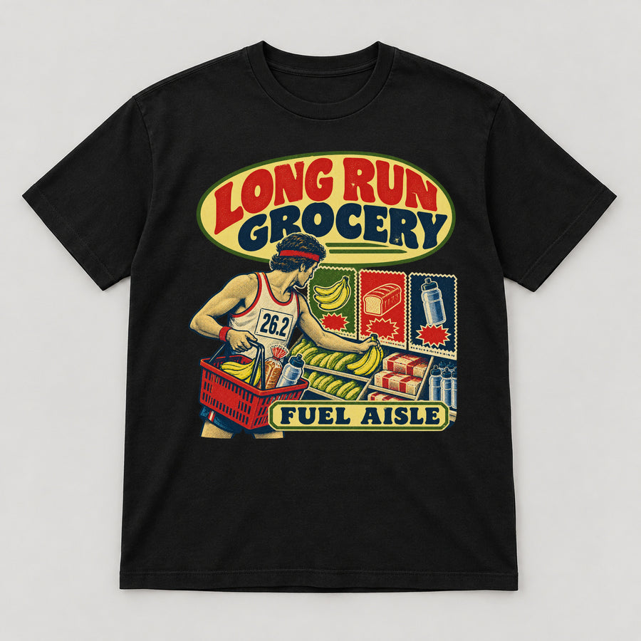Long Run Grocery T-Shirt — black front garment mockup