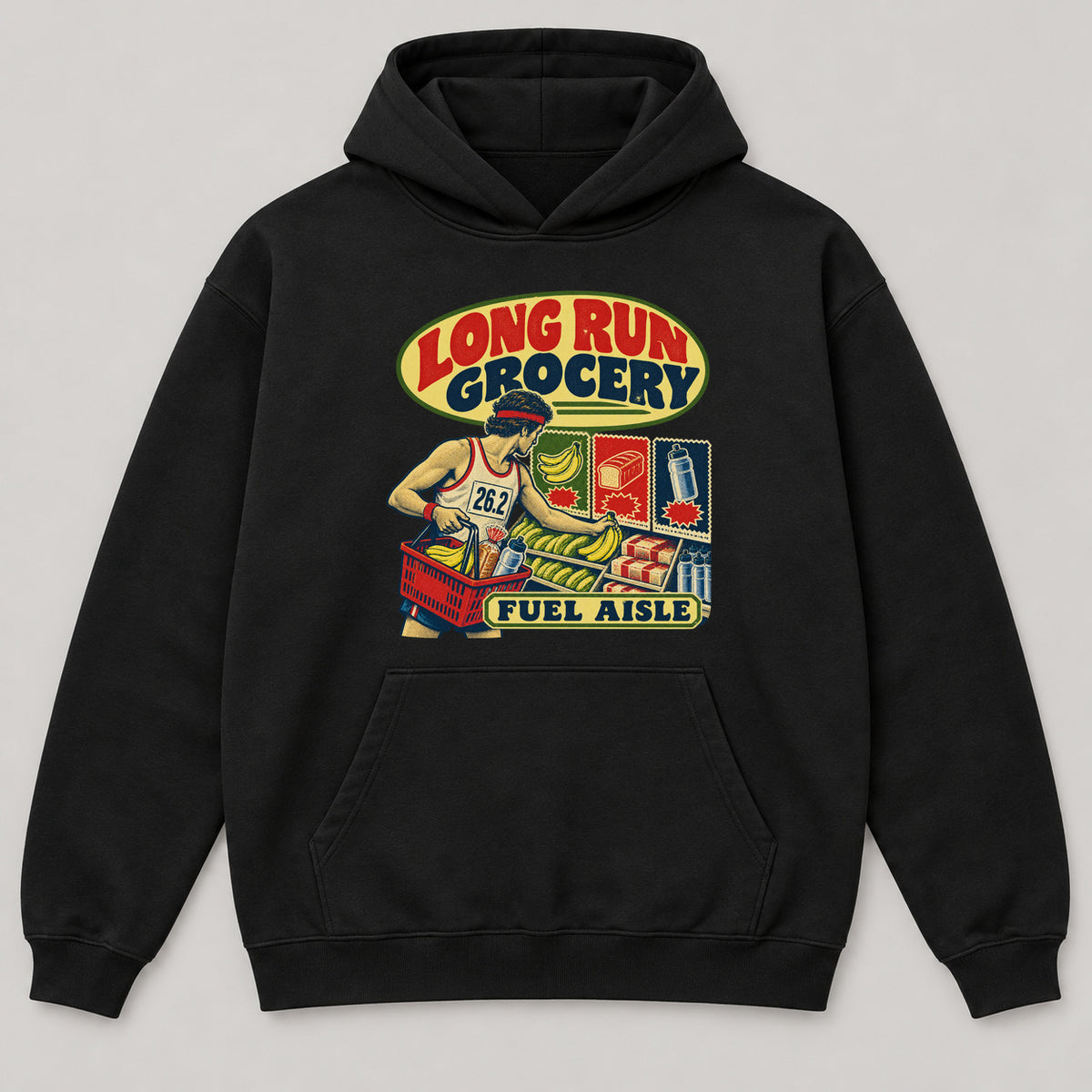 Long Run Grocery Hoodie — black front garment mockup
