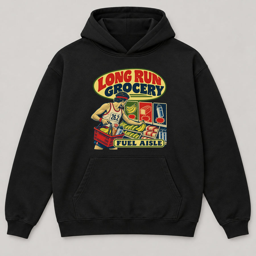 Long Run Grocery Hoodie — black front garment mockup