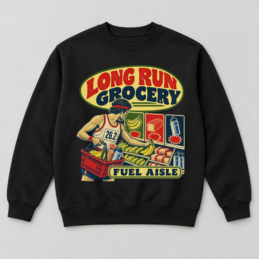 Long Run Grocery Sweatshirt — black front garment mockup
