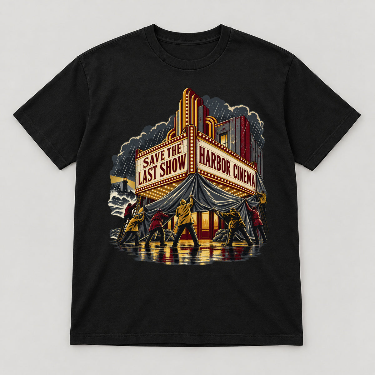 Harbor Cinema Rescue T-Shirt — black front garment mockup
