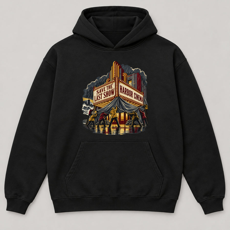 Harbor Cinema Rescue Hoodie — black front garment mockup
