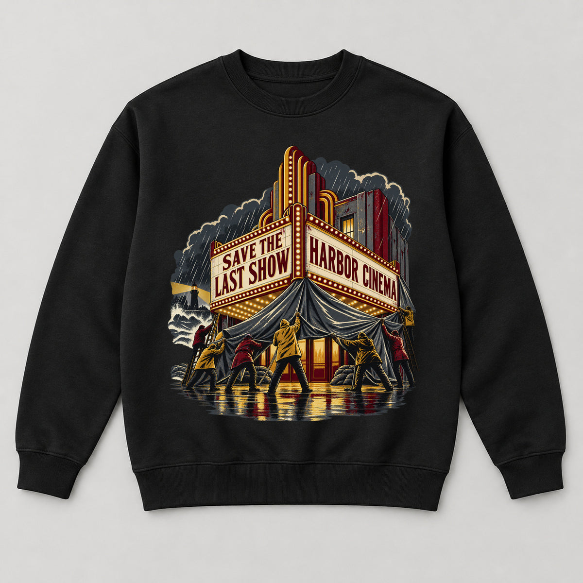 Harbor Cinema Rescue Sweatshirt — black front garment mockup