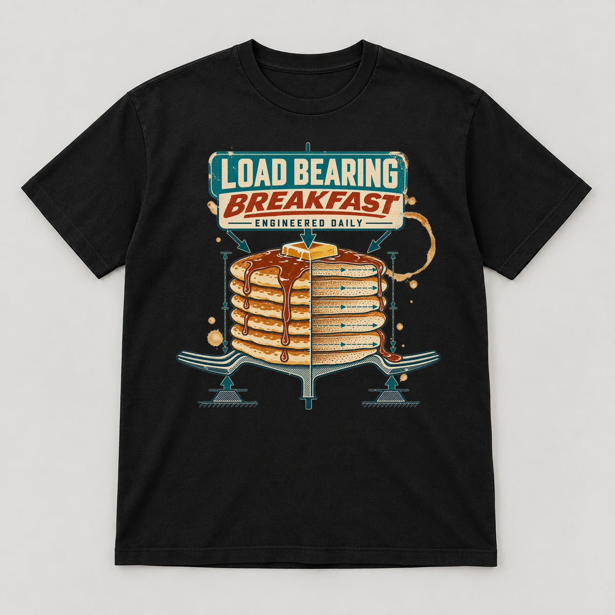 Load Bearing Breakfast T-Shirt — black front garment mockup
