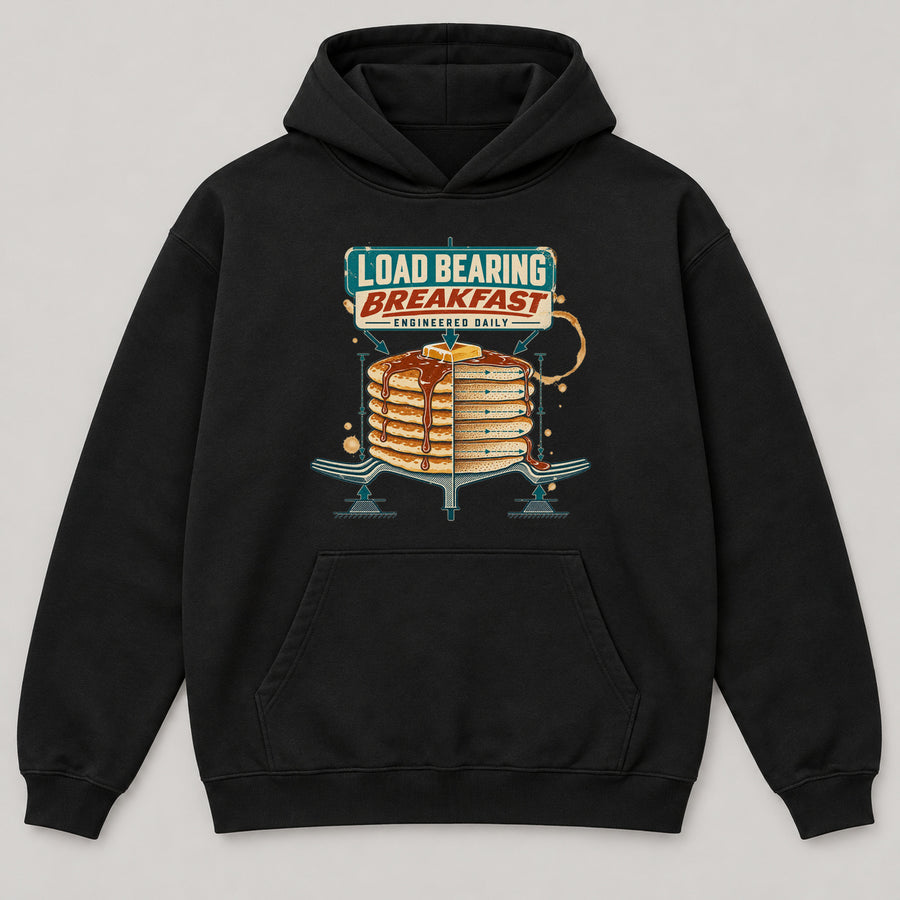 Load Bearing Breakfast Hoodie — black front garment mockup