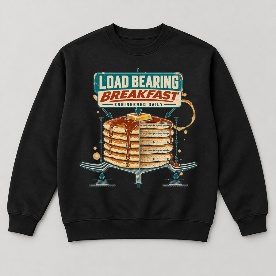 Load Bearing Breakfast Sweatshirt — black front garment mockup