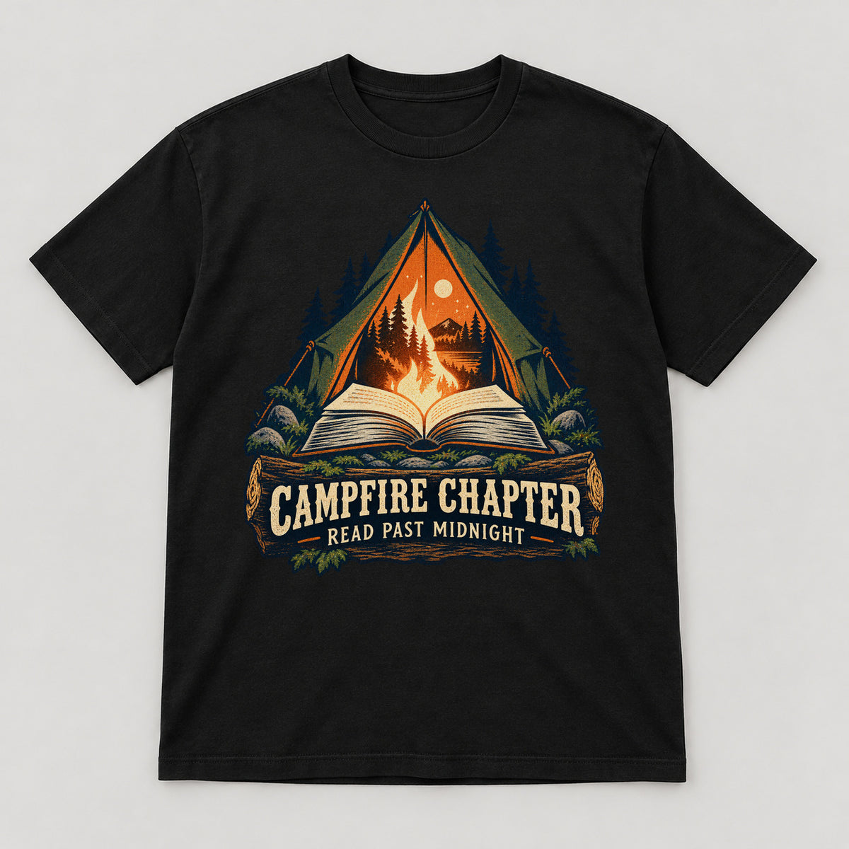 Campfire Chapter T-Shirt — black front garment mockup