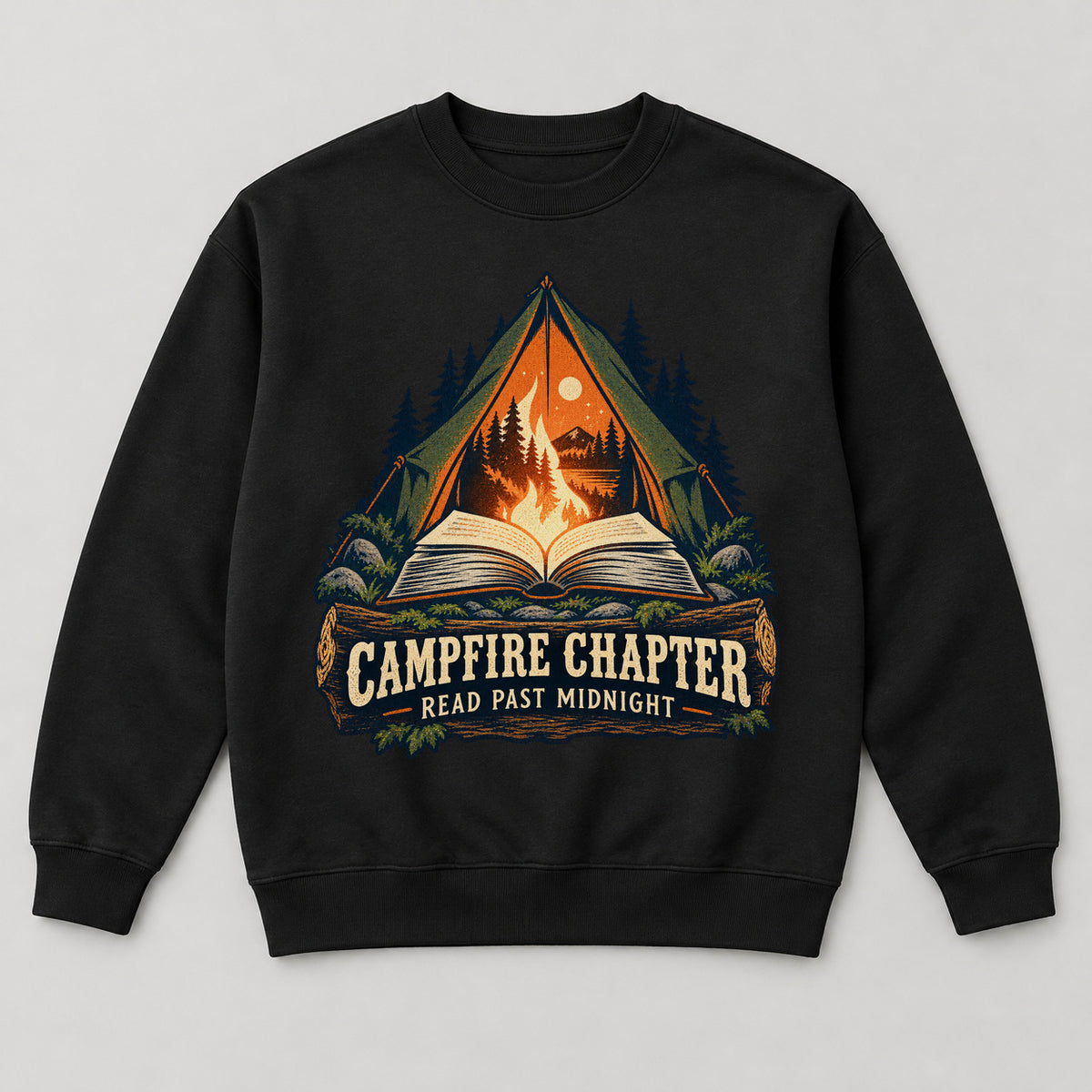 Campfire Chapter Sweatshirt — black front garment mockup