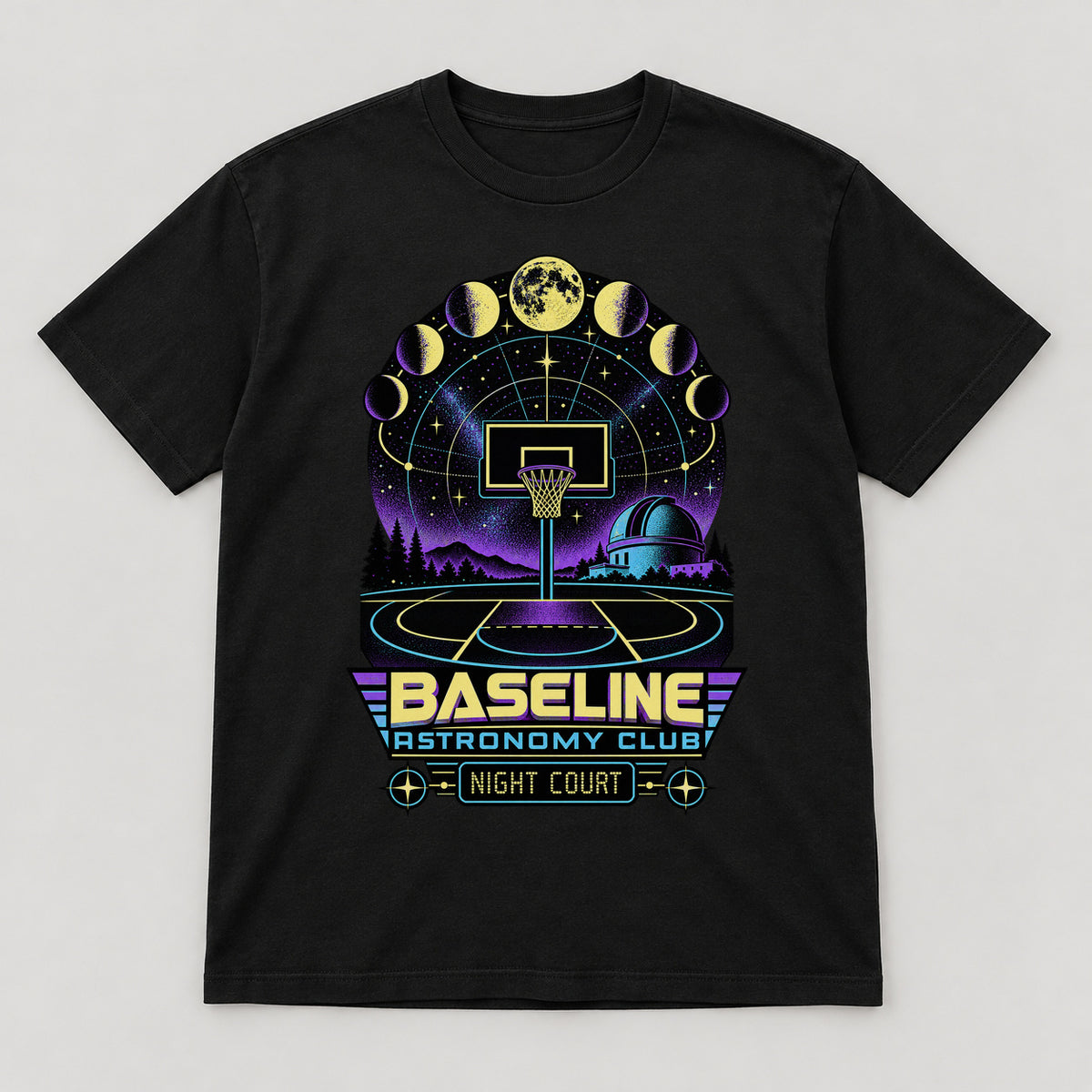 Baseline Astronomy Club T-Shirt — black front garment mockup