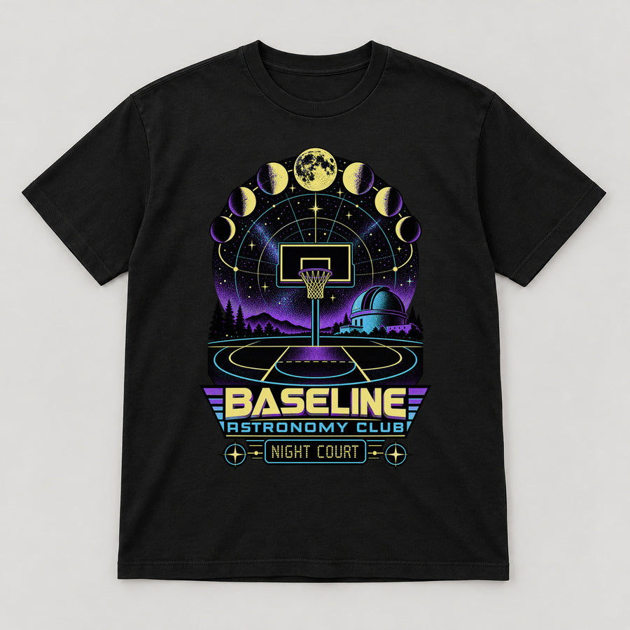 Baseline Astronomy Club T-Shirt — black front garment mockup