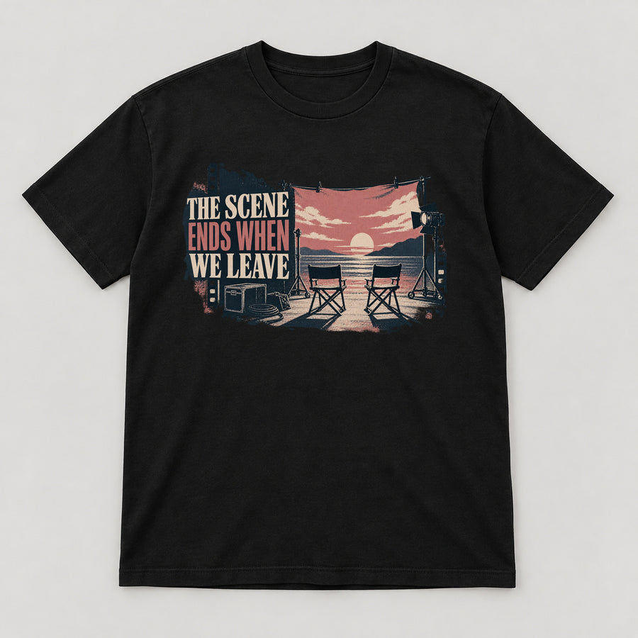 The Unfinished Scene T-Shirt — black front garment mockup