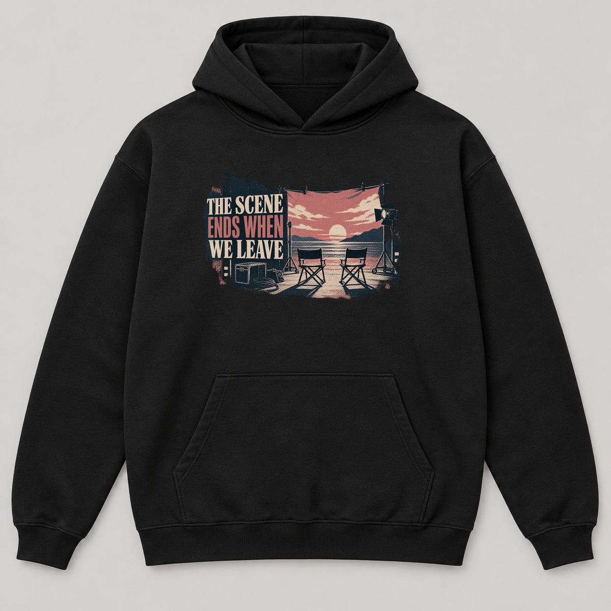 The Unfinished Scene Hoodie — black front garment mockup