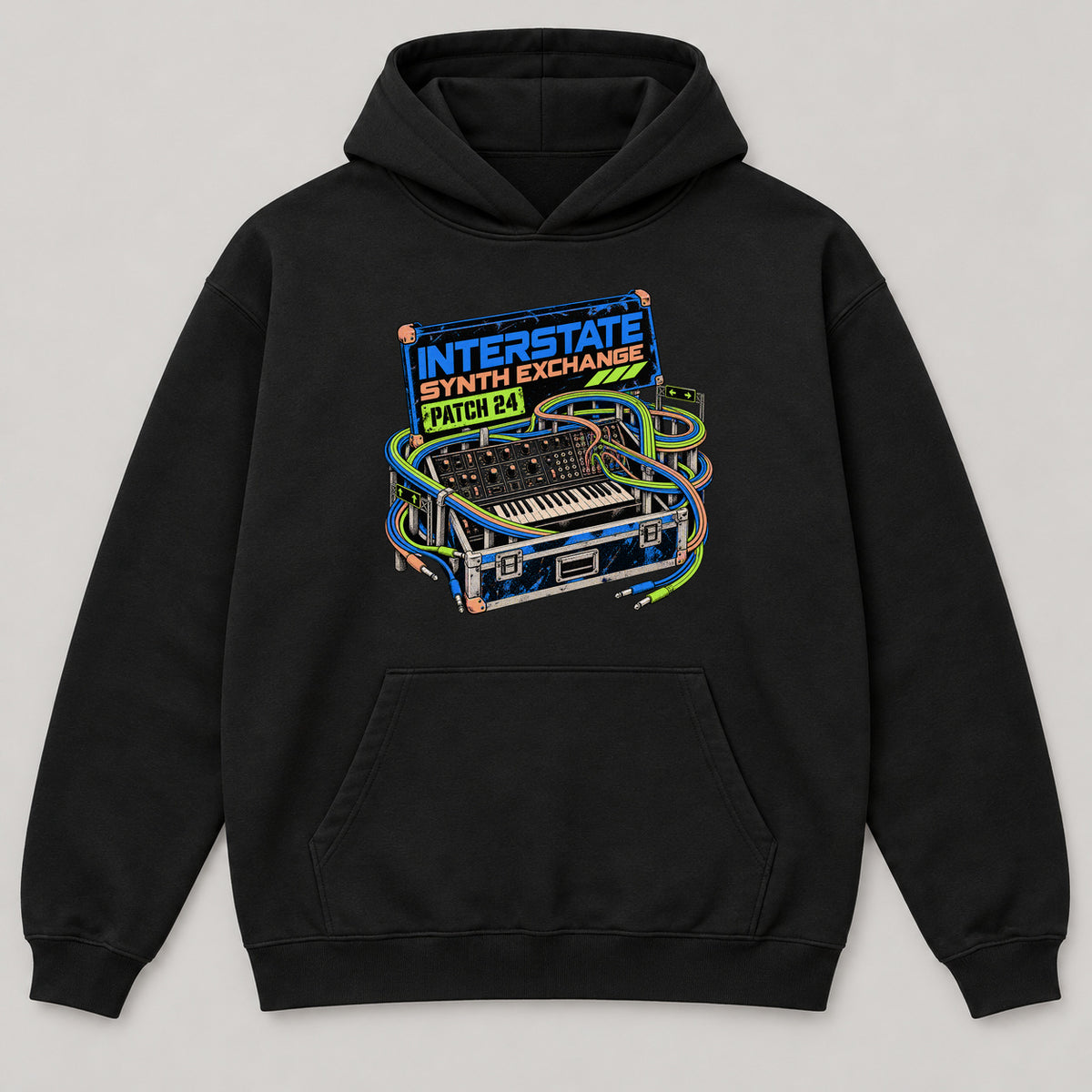 Interstate Synth Exchange Hoodie — black front garment mockup