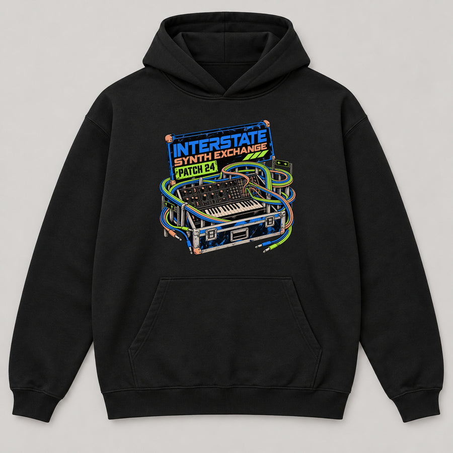 Interstate Synth Exchange Hoodie — black front garment mockup