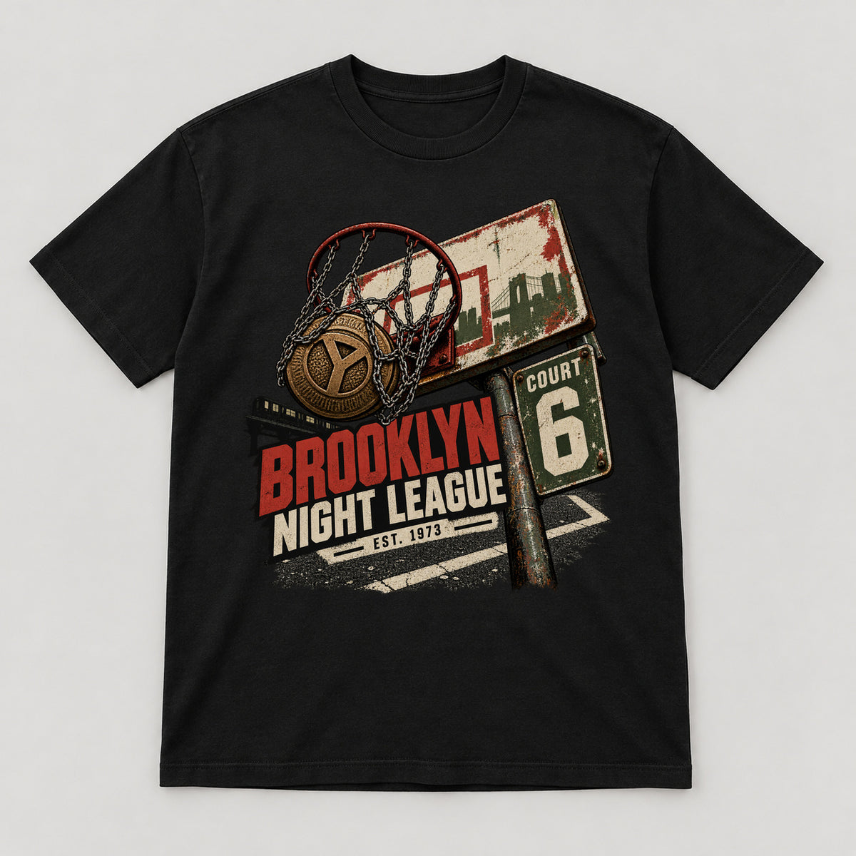 Brooklyn Night League T-Shirt — black front garment mockup
