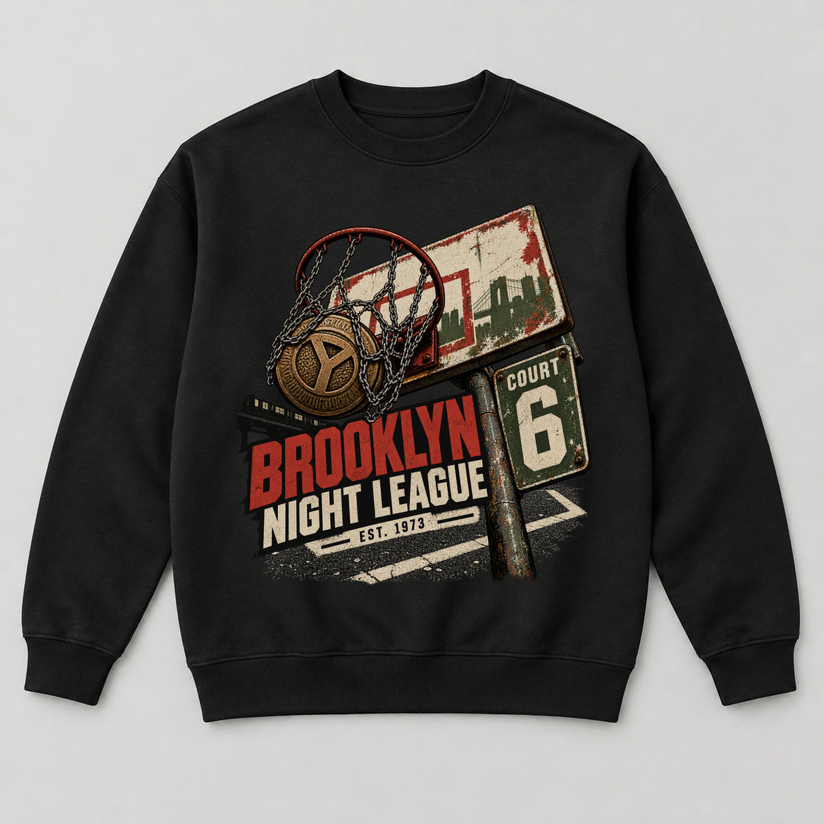 Brooklyn Night League Sweatshirt — black front garment mockup