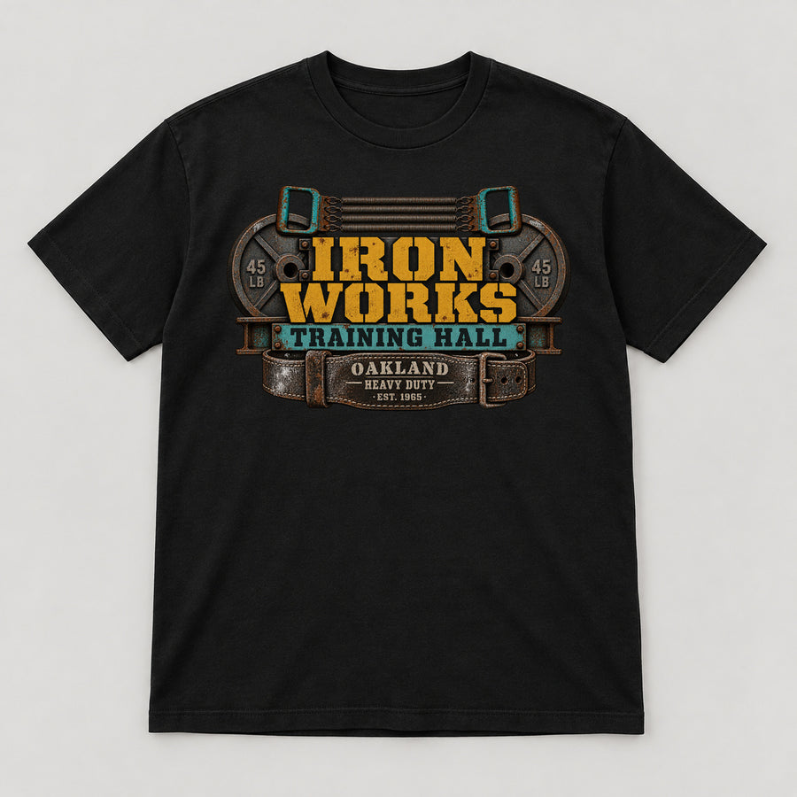 Iron Works Training Hall T-Shirt — black front garment mockup