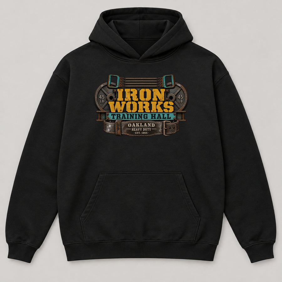 Iron Works Training Hall Hoodie — black front garment mockup