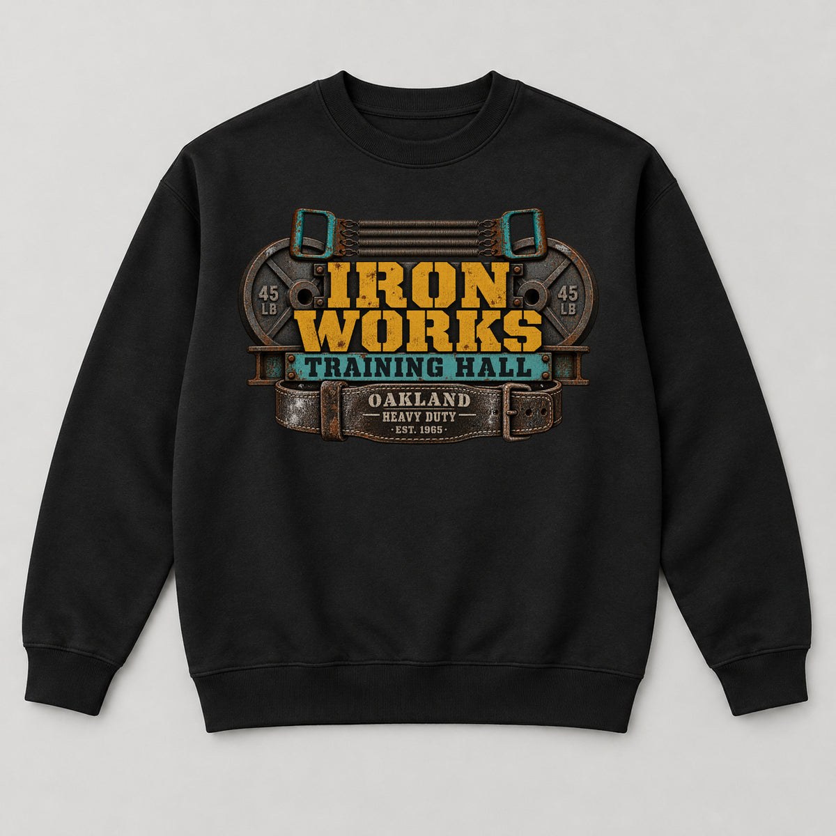 Iron Works Training Hall Sweatshirt — black front garment mockup