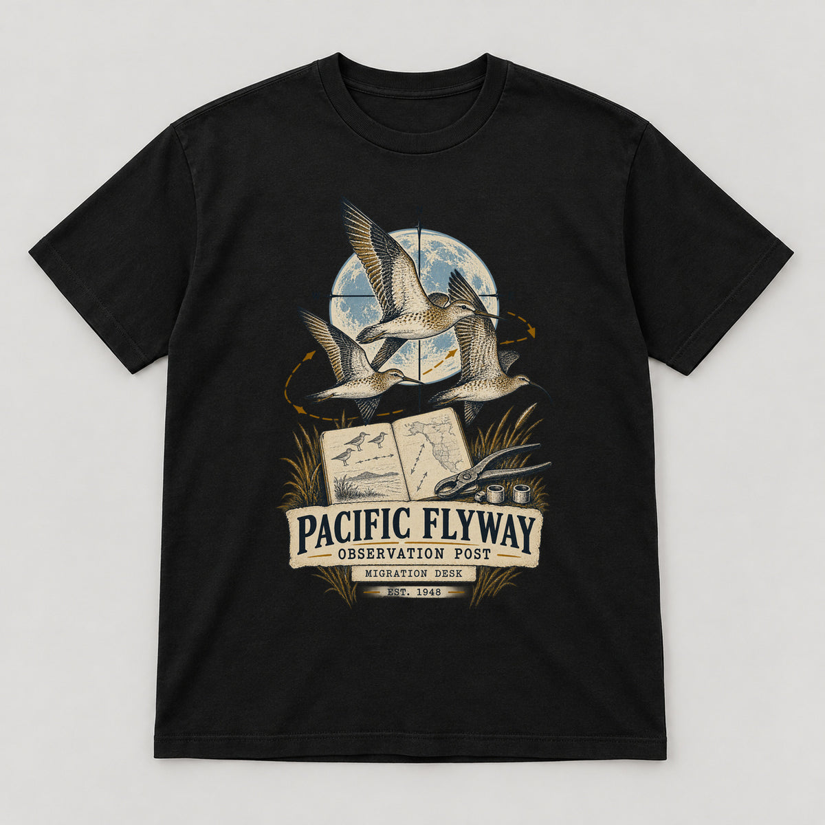 Pacific Flyway Observation Post T-Shirt — black front garment mockup