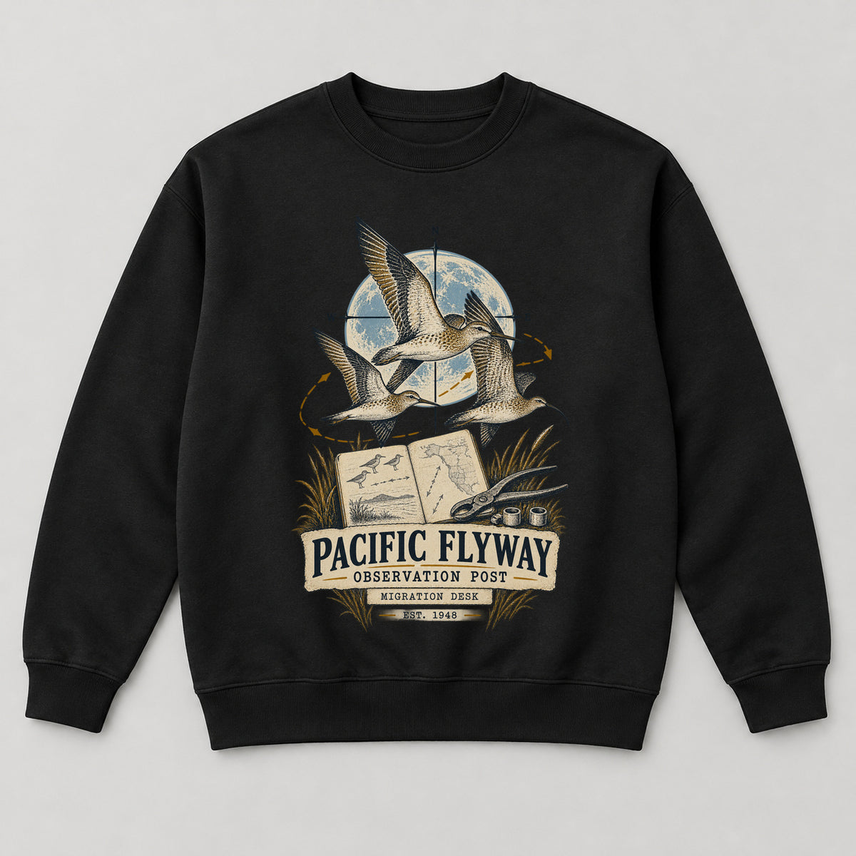 Pacific Flyway Observation Post Sweatshirt — black front garment mockup
