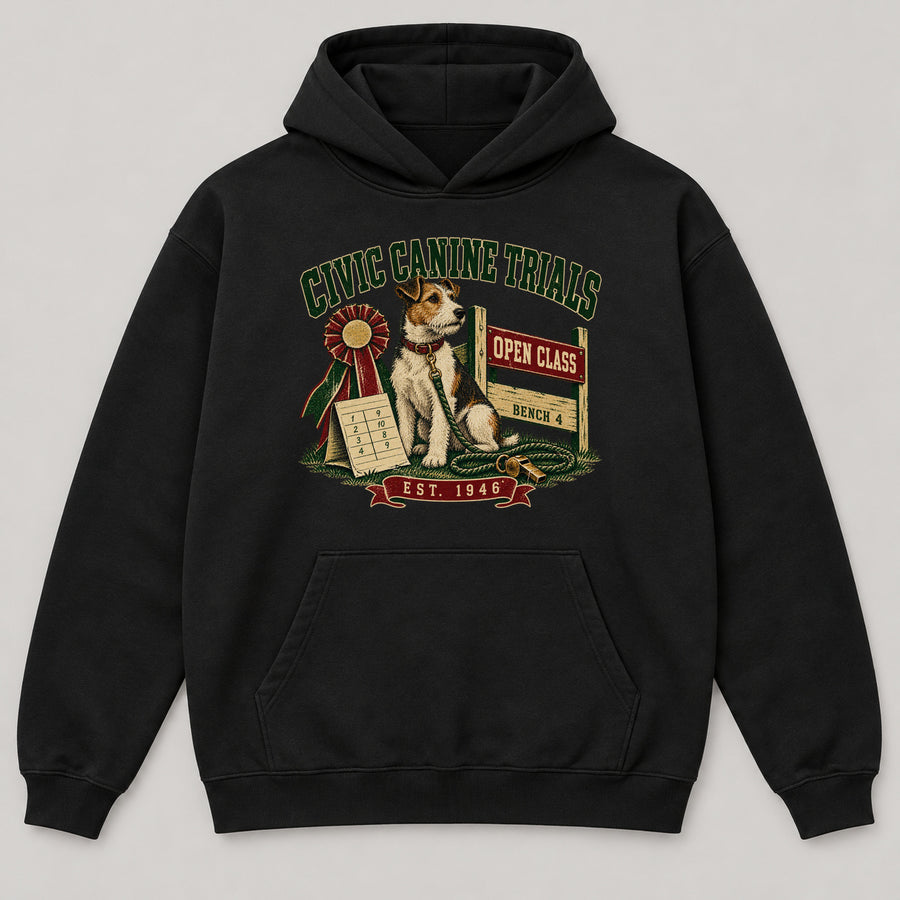 Civic Canine Trials Hoodie — black front garment mockup