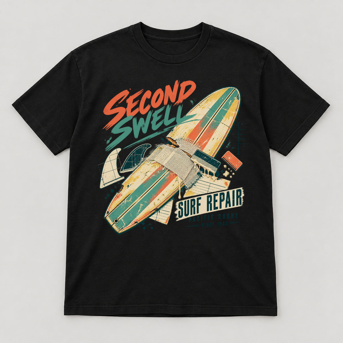 Second Swell Surf Repair T-Shirt — black front garment mockup