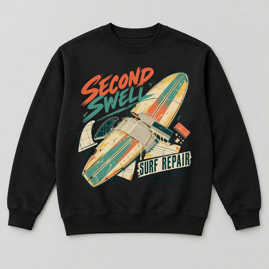 Second Swell Surf Repair Sweatshirt — black front garment mockup