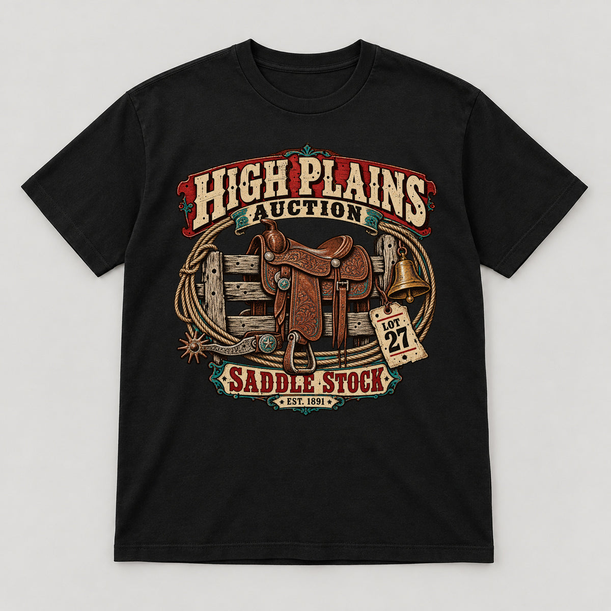 High Plains Auction T-Shirt — black front garment mockup