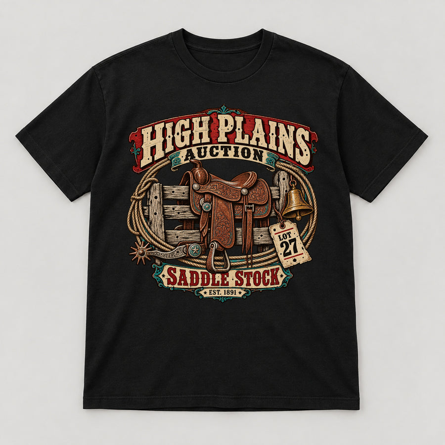 High Plains Auction T-Shirt — black front garment mockup