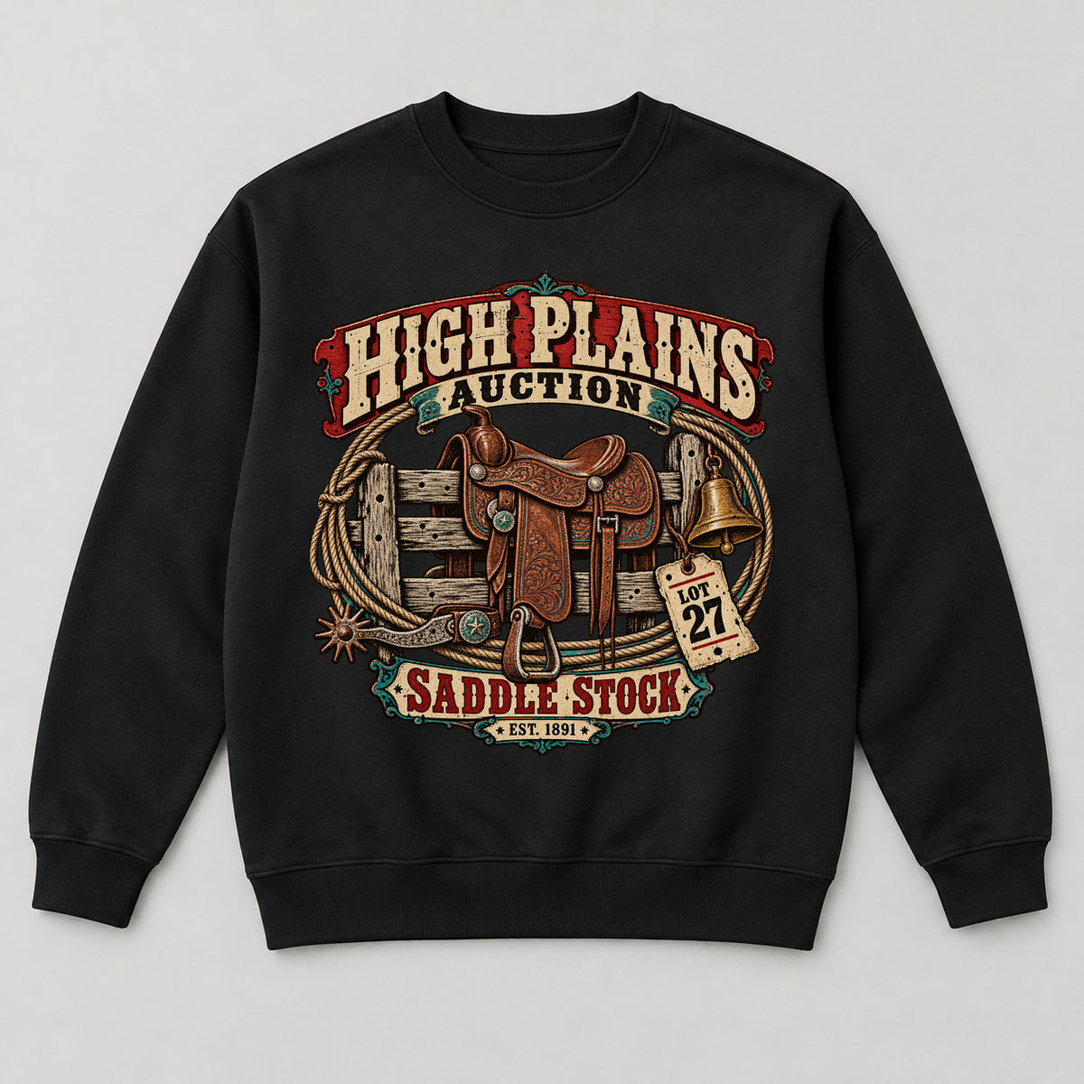 High Plains Auction Sweatshirt — black front garment mockup