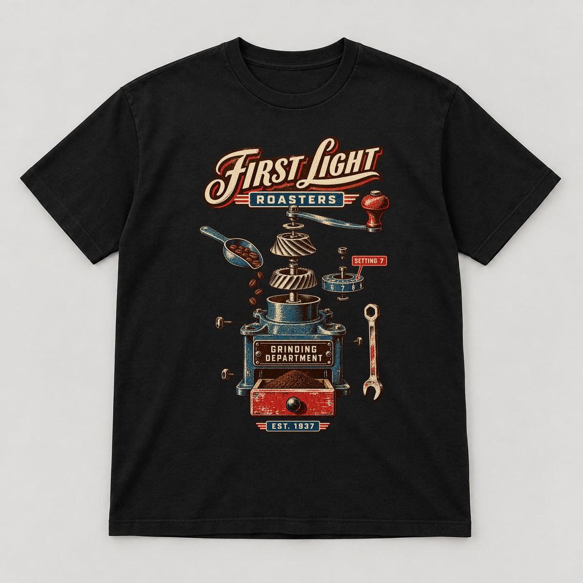 First Light Roasters T-Shirt — black front garment mockup