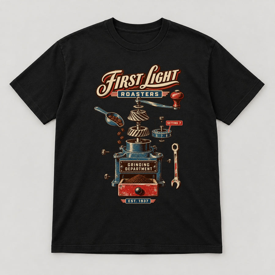 First Light Roasters T-Shirt — black front garment mockup