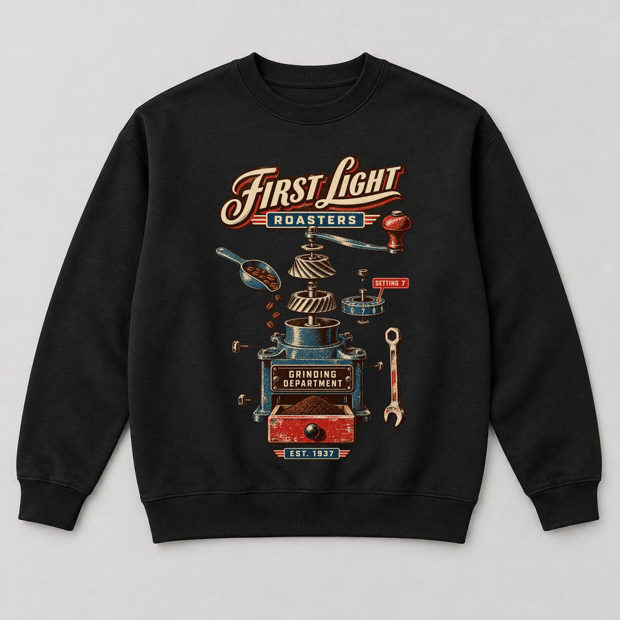 First Light Roasters Sweatshirt — black front garment mockup