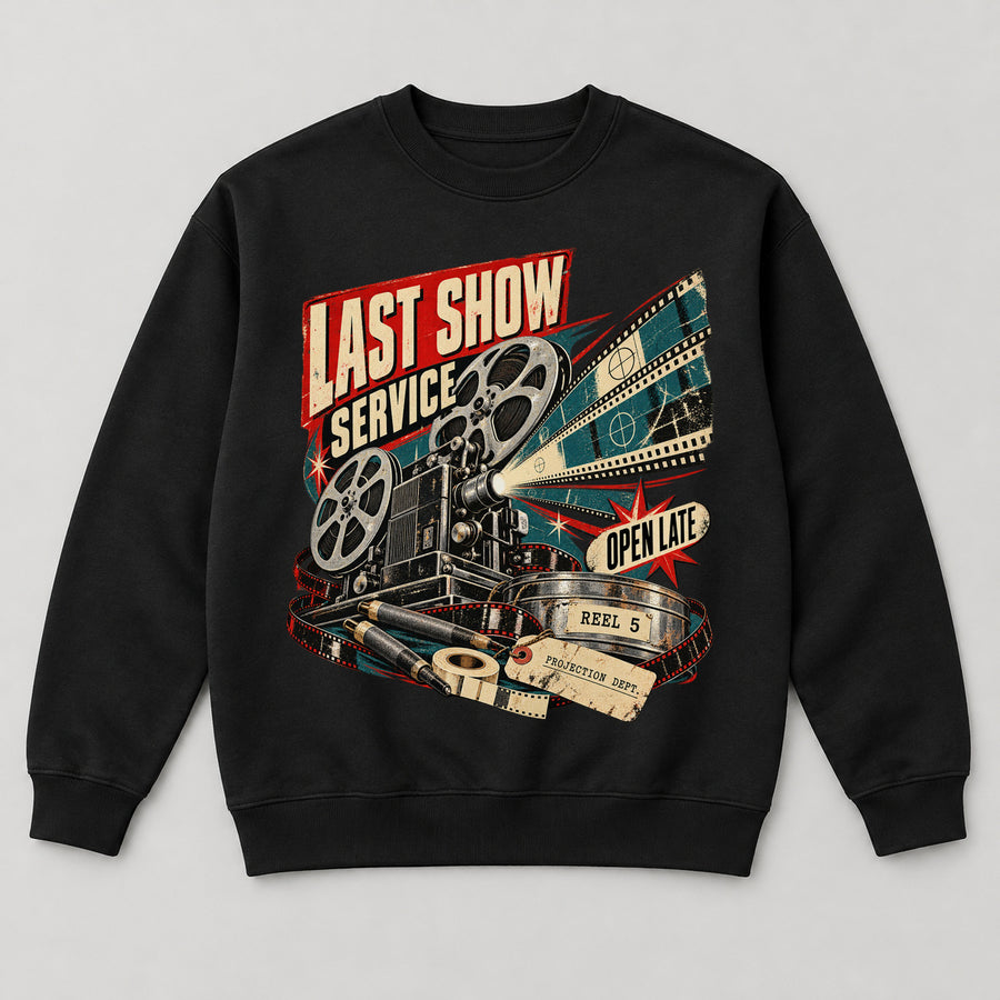 Last Show Service Sweatshirt — black front garment mockup