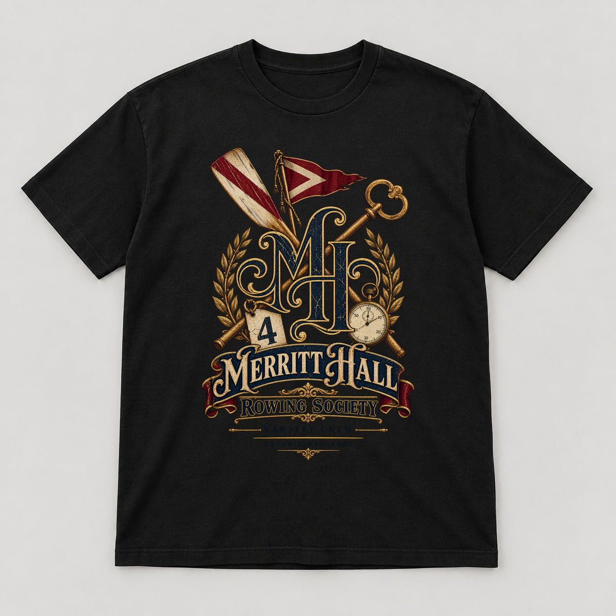 Merritt Hall Rowing Society T-Shirt — black front garment mockup