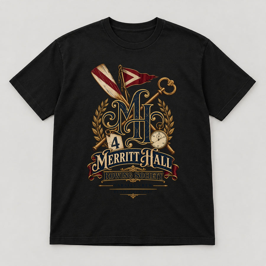 Merritt Hall Rowing Society T-Shirt — black front garment mockup