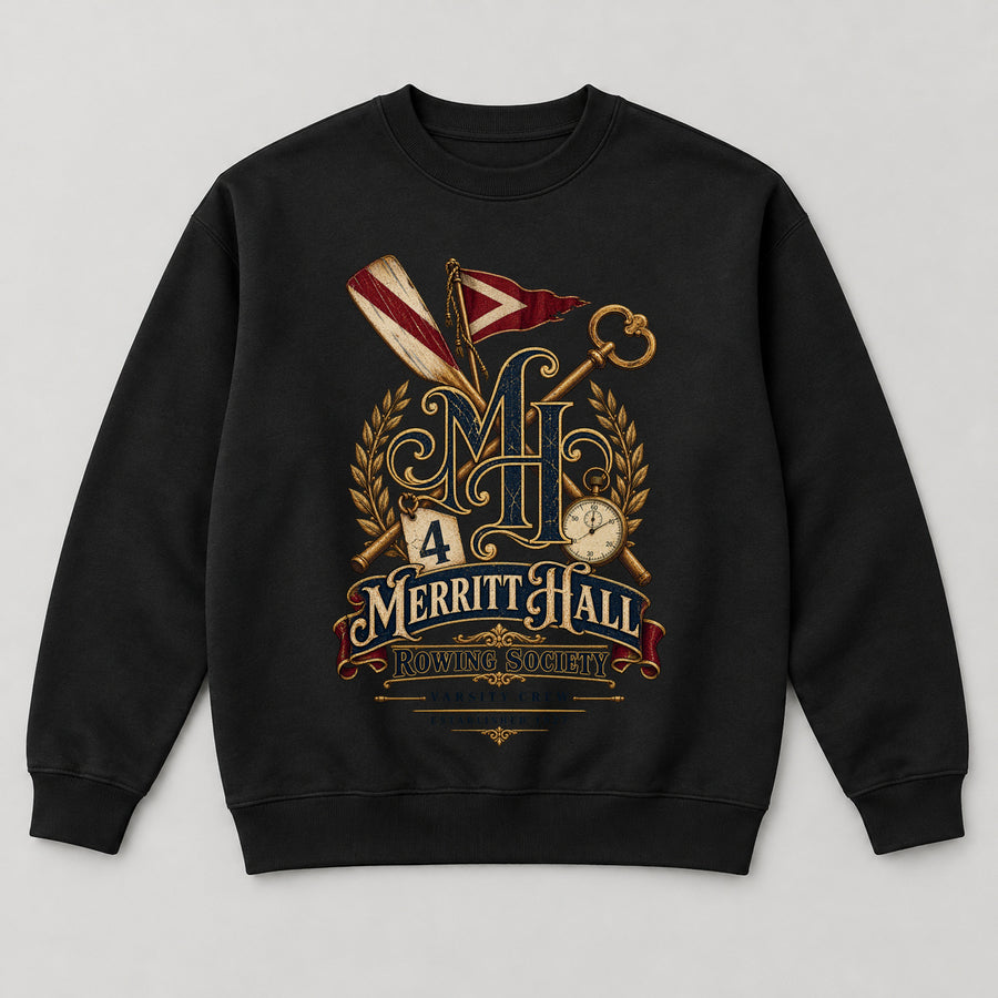Merritt Hall Rowing Society Sweatshirt — black front garment mockup