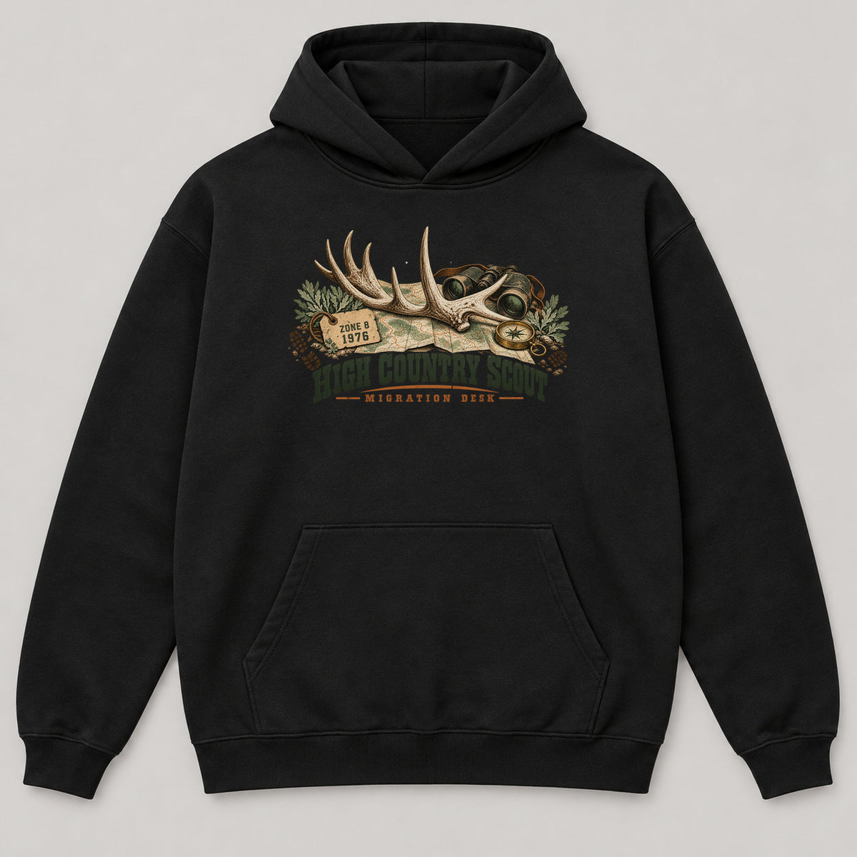 High Country Scout Hoodie — black front garment mockup
