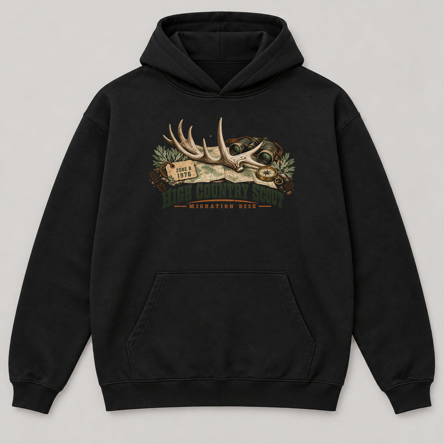 High Country Scout Hoodie — black front garment mockup