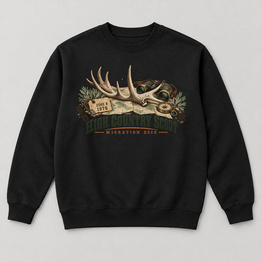 High Country Scout Sweatshirt — black front garment mockup