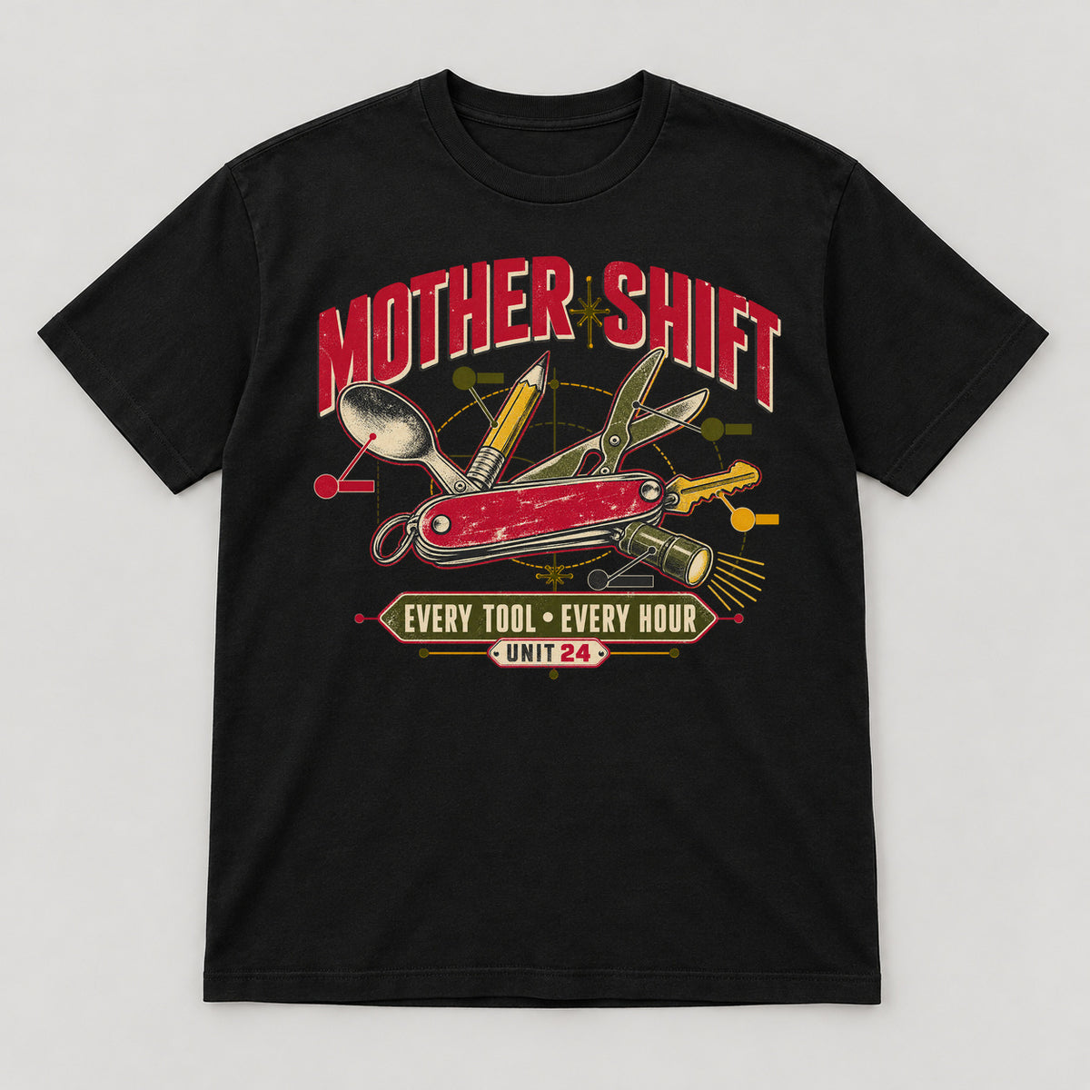 Mother Shift T-Shirt — black front garment mockup