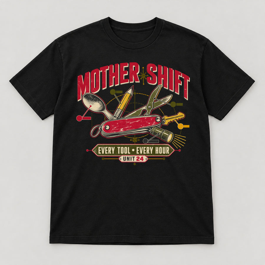 Mother Shift T-Shirt — black front garment mockup