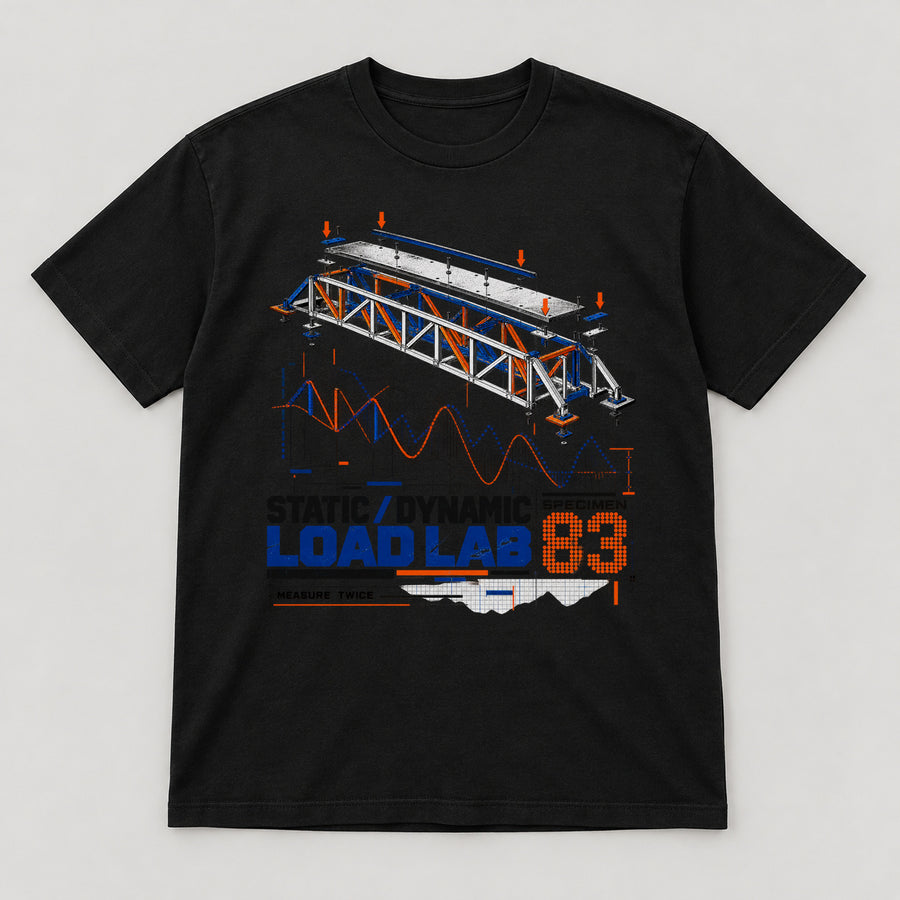 Static Dynamic Load Lab T-Shirt — black front garment mockup