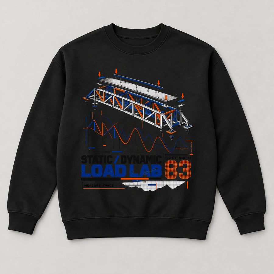 Static Dynamic Load Lab Sweatshirt — black front garment mockup